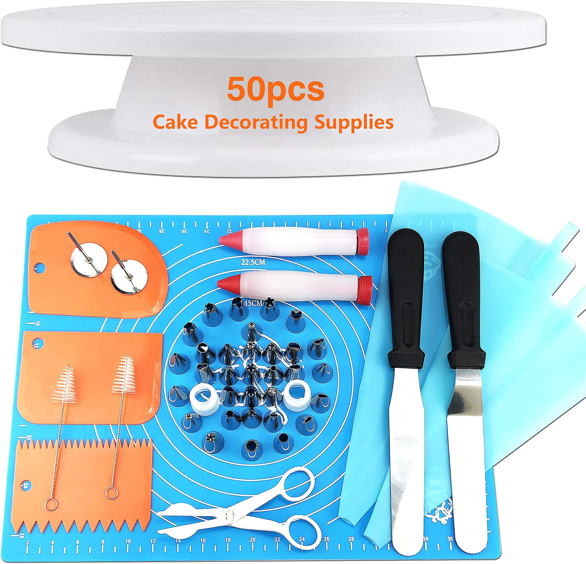 Joyeee 50 pcs Cake Decorating Supplies Kit with Turntable Stand and Stainless Steel Piping Tips, Reusable Piping Bags and Spatula, Cake Scraper Pastry Tools and Decorating Equipment