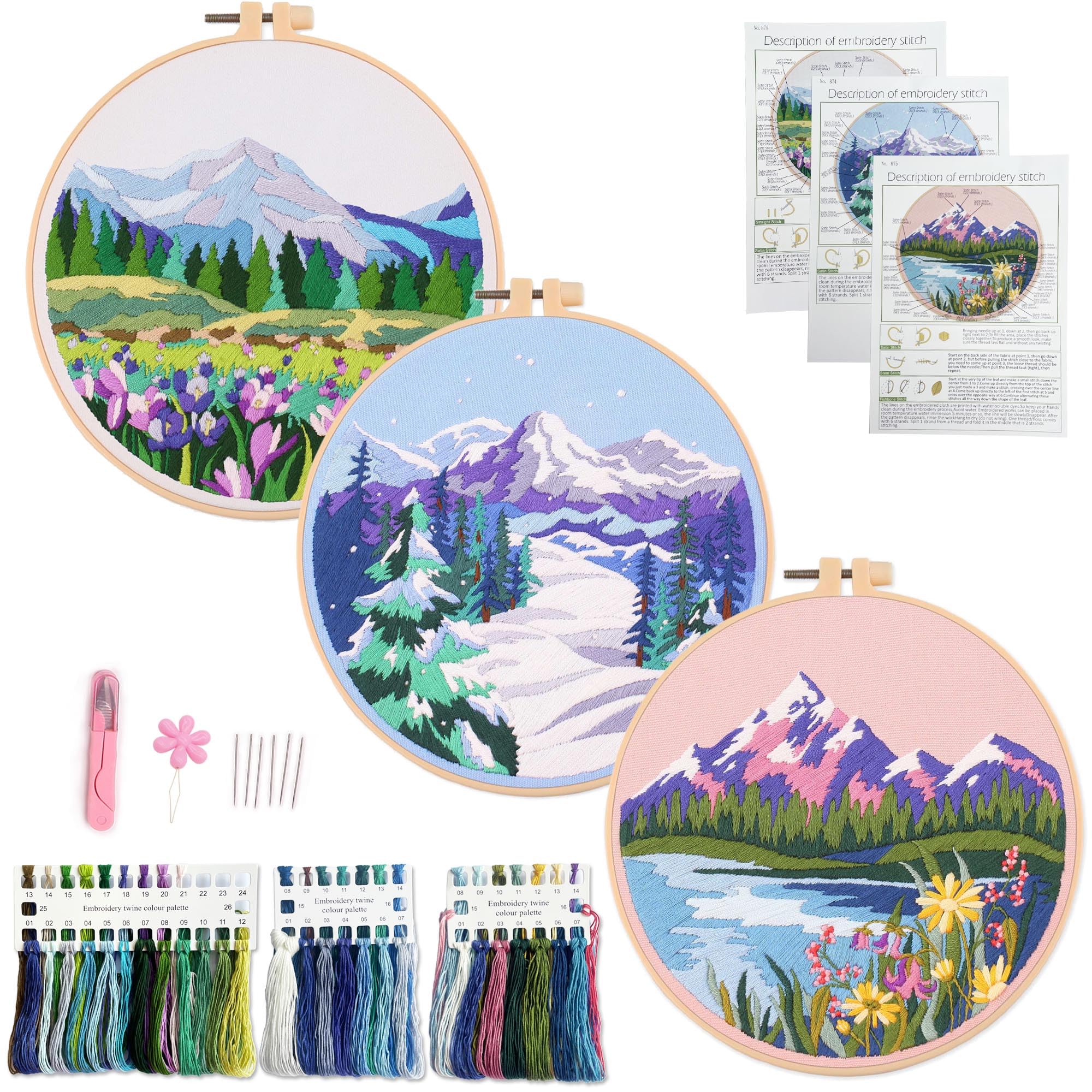 Myfelicity Embroidery kit, 3 Sets of Landscape Pattern Embroidery Materials, Including Patterned Embroidery Cloth, Embroidery Thread, Needle and Hoop Tools