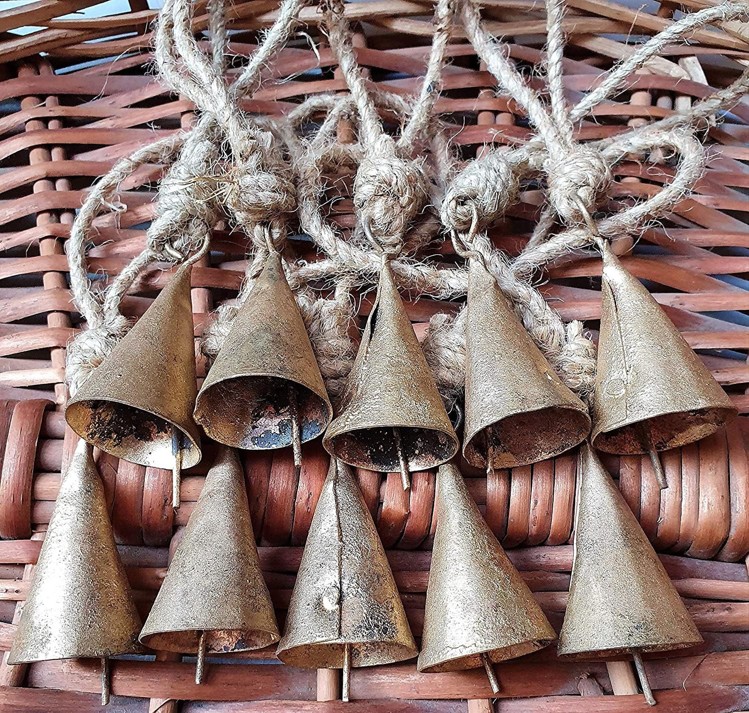 HIGHBIX 4cm Small Vintage Rustic Lucky Tin Metal Cow Bells Handmade Christmas Décor Bells on Jute Rope (10, Cone-Cylinder)