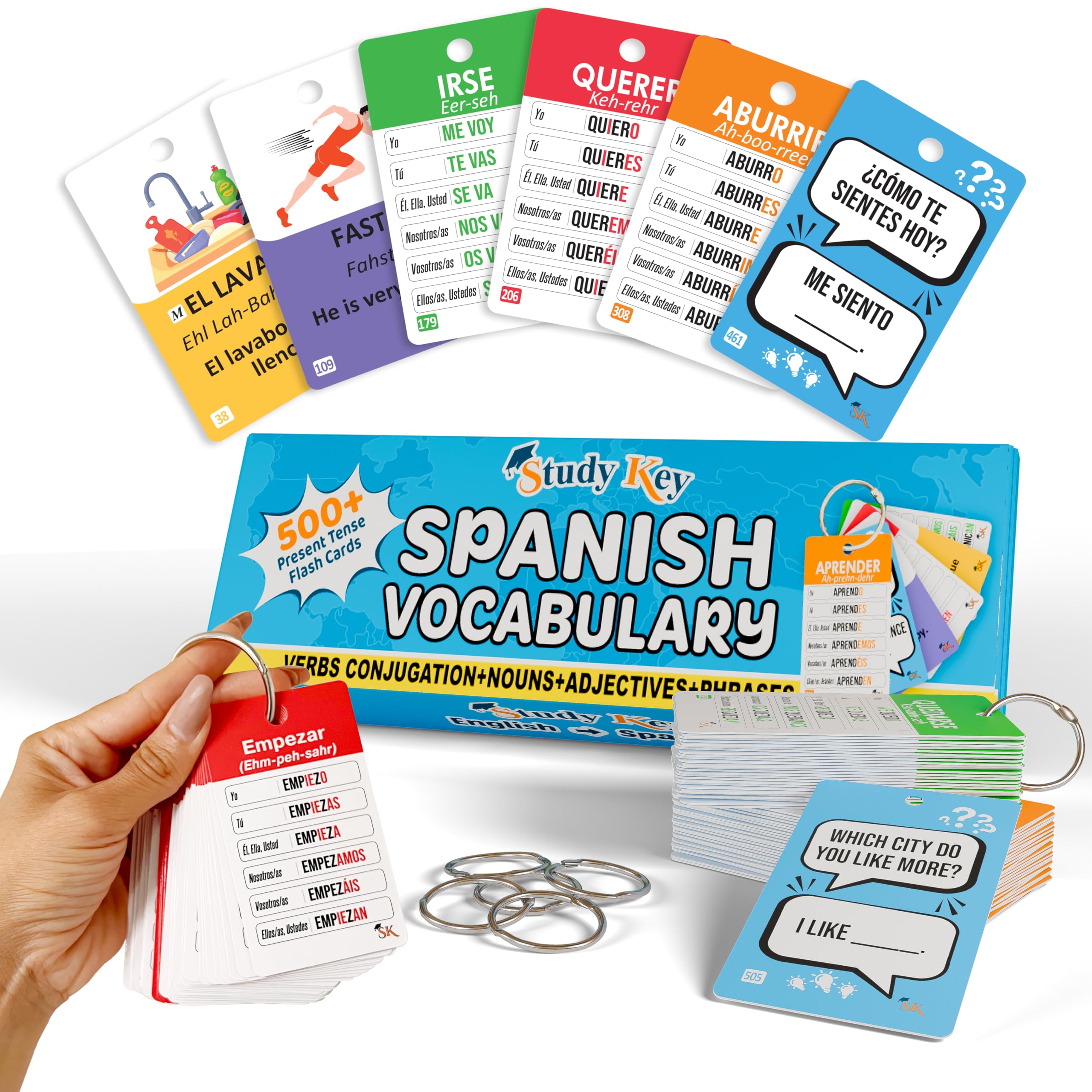 500+ Spanish Vocabulary Flash Cards for Adults & Kids Ages 15+ - Verb Conjugation, Nouns, Adjectives & Phrases to Learn Spanish for Adult Beginners Flashcards
