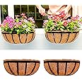LaLaGreen Wall Planters - 16 Inch, 2 Pack Deck Railing Planter Boxes for Outdoor Plants, Window Flower Box with Coco Liners Metal Horse Troughs Fence Balcony Garden Herb Pot Patio Porch Over Rail