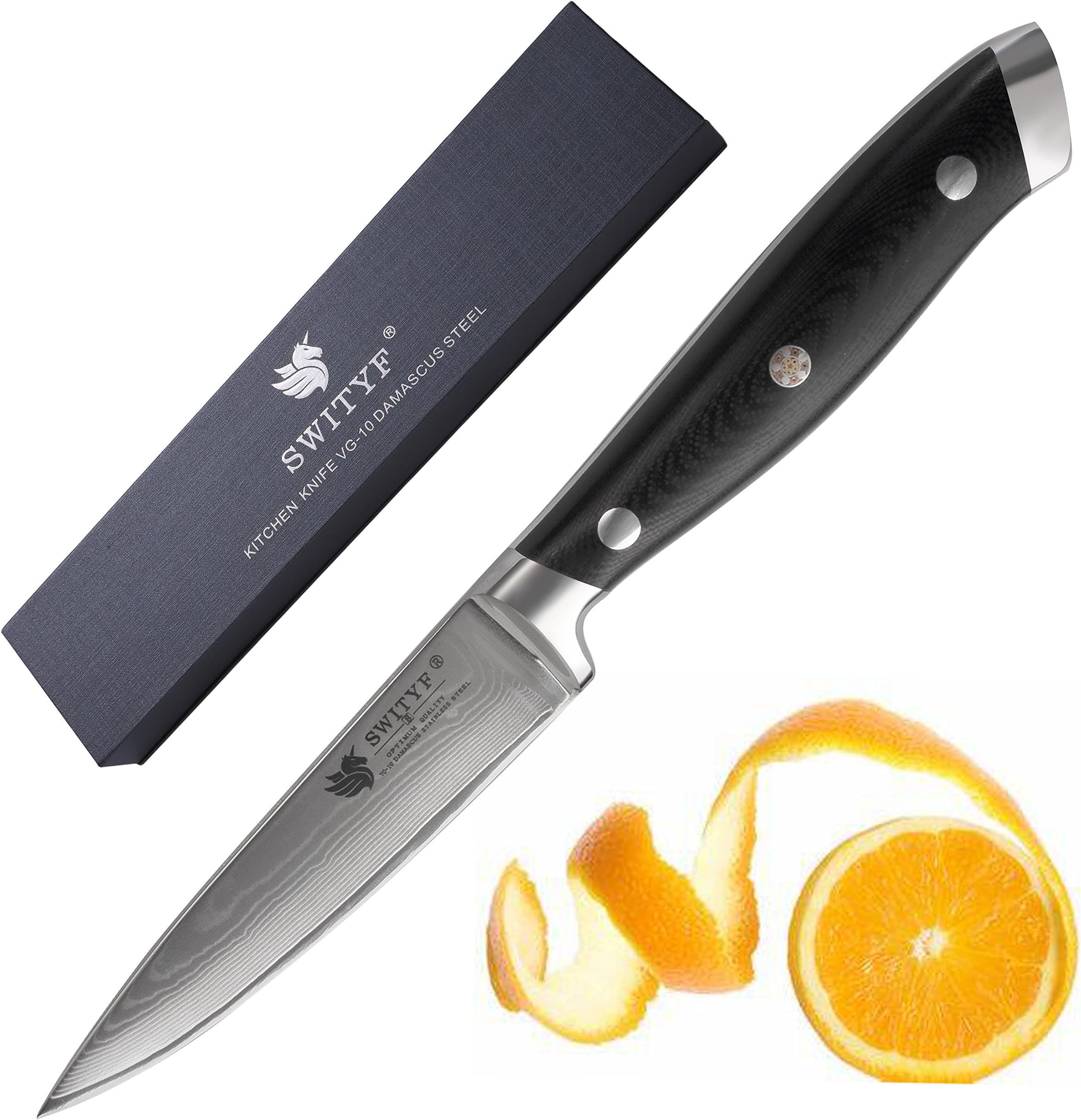 SWITYF Damascus Paring Knife 3.75"Professional High Carbon Japanese Steel core,Ergonomic G10 Handle