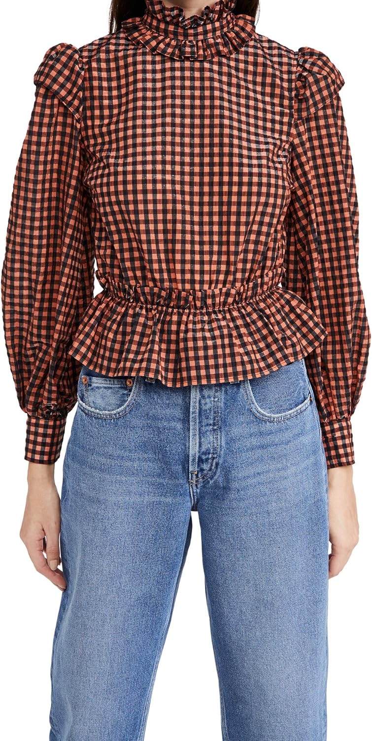 Ganni Women's Seersucker Check Blouse at Amazon Womenâs Clothing store