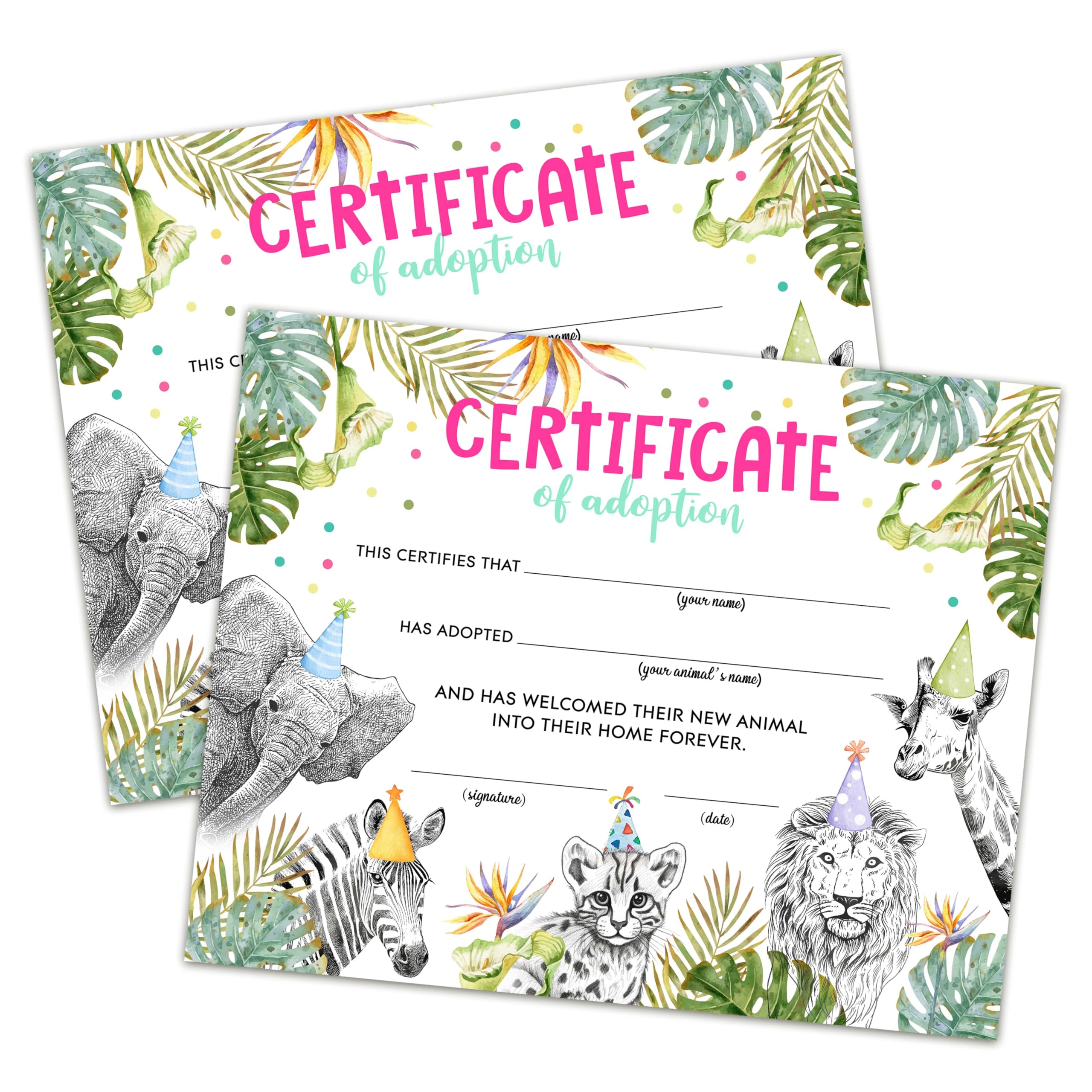 Photo 1 of Safari Animals Adoption Certificate - Adopt An Animal Certificate For Girl - Animals Adoption Party Decorations - Wild One Party Animals Birthday Party Favors Supplies, 10 Adoption Certificates (CC07)