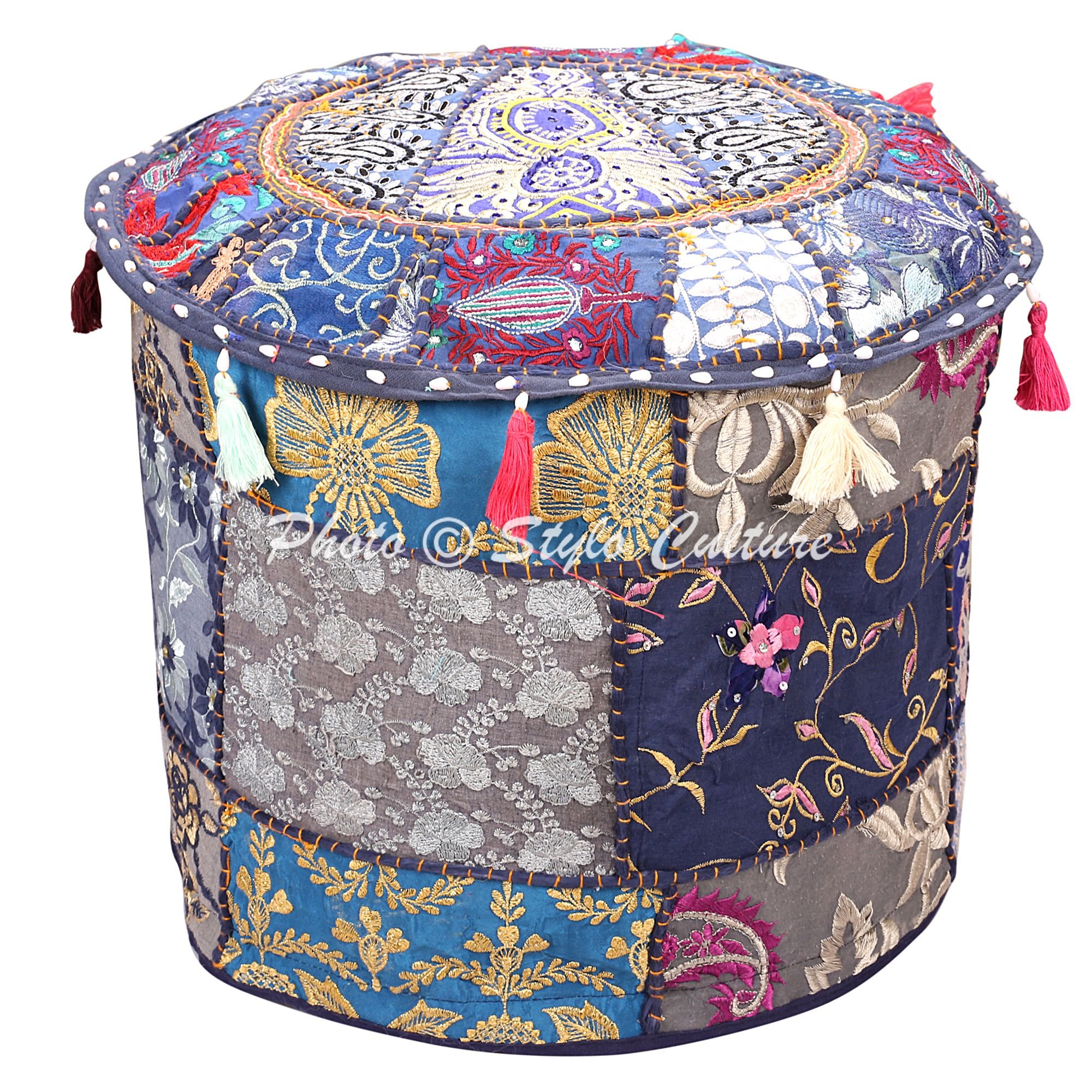 Stylo Culture Ottoman Pouffe Footstool Cover Vintage Navy Blue Ethnic Embroidered Patchwork Cotton Traditional Round Fabric Pouf Ottoman Cover (16x16x13 Inch) 40cm (COVER ONLY)