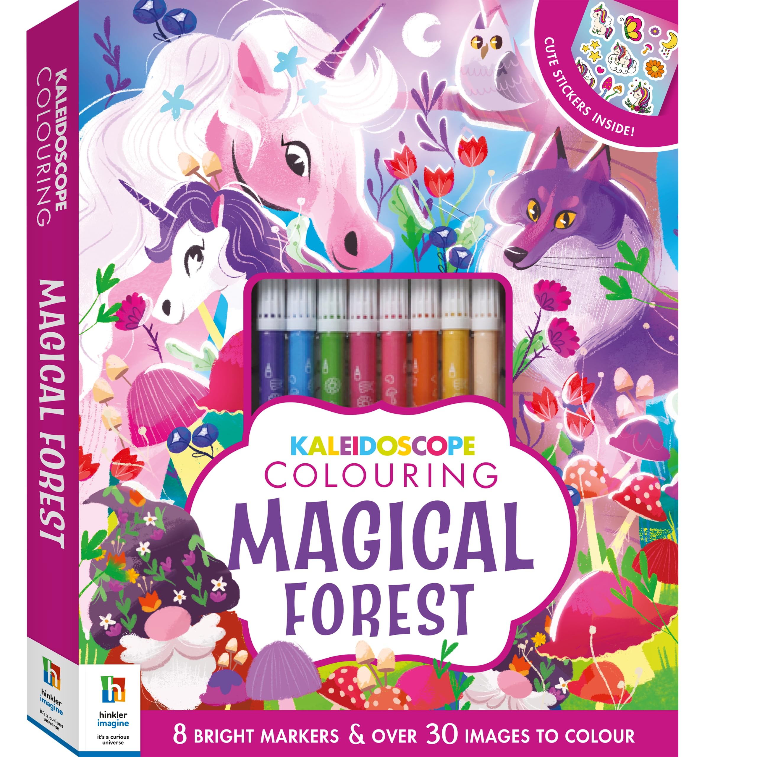 Curious Universe | Magical Forest Kaleidoscope Colouring Kit | Colouring Book with 8 Pens in Hardback Folder | Arts and Crafts for Children and Teens | Gifts for Girls | Unicorn Colouring-in