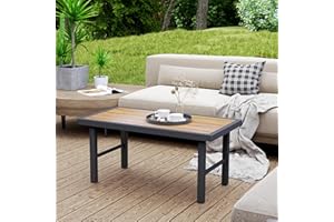 Outsunny Metal Patio Coffee Table, Rectangle Outdoor Side Table with SPC Woodgrain Tabletop, Foot Pads for Outside Garden Pat