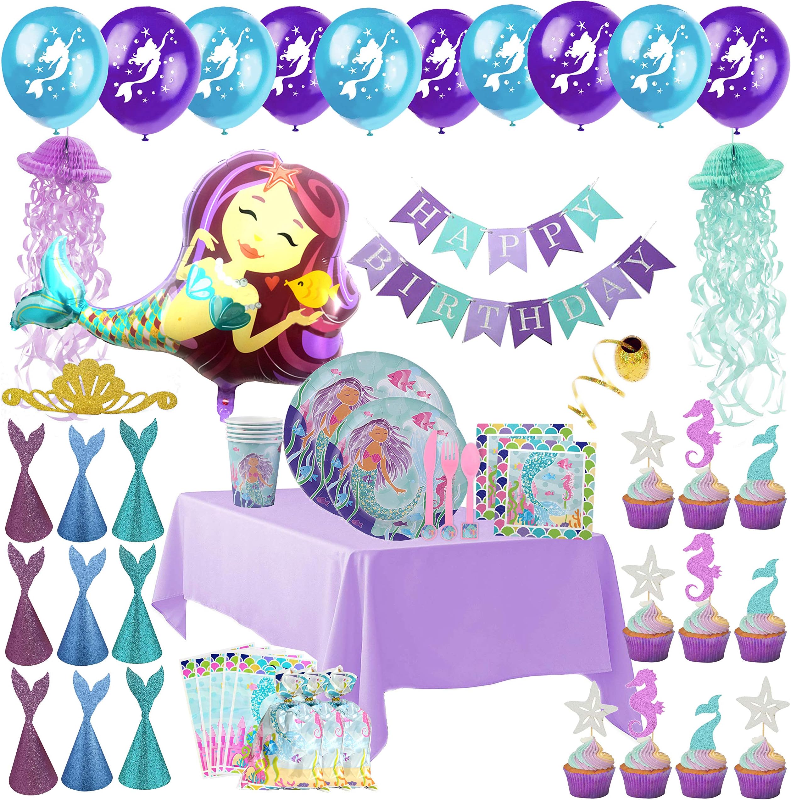 Mermaid Party Supplies - Complete Tableware and Decoration Deluxe Set - Plates, Cups, Utensils, Napkins, Table Cloth, Balloons, Birthday Banner, Jellyfish, Cupcake Topper, Favor Bags & Hats -Serves 16