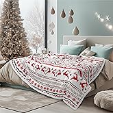 PAVILIA Red White Snowflake Reindeer Christmas Sherpa Throw Blanket, Soft Reversible Fleece Sherpa 60x80 Winter Blanket for Couch & Bed, Christmas Decor