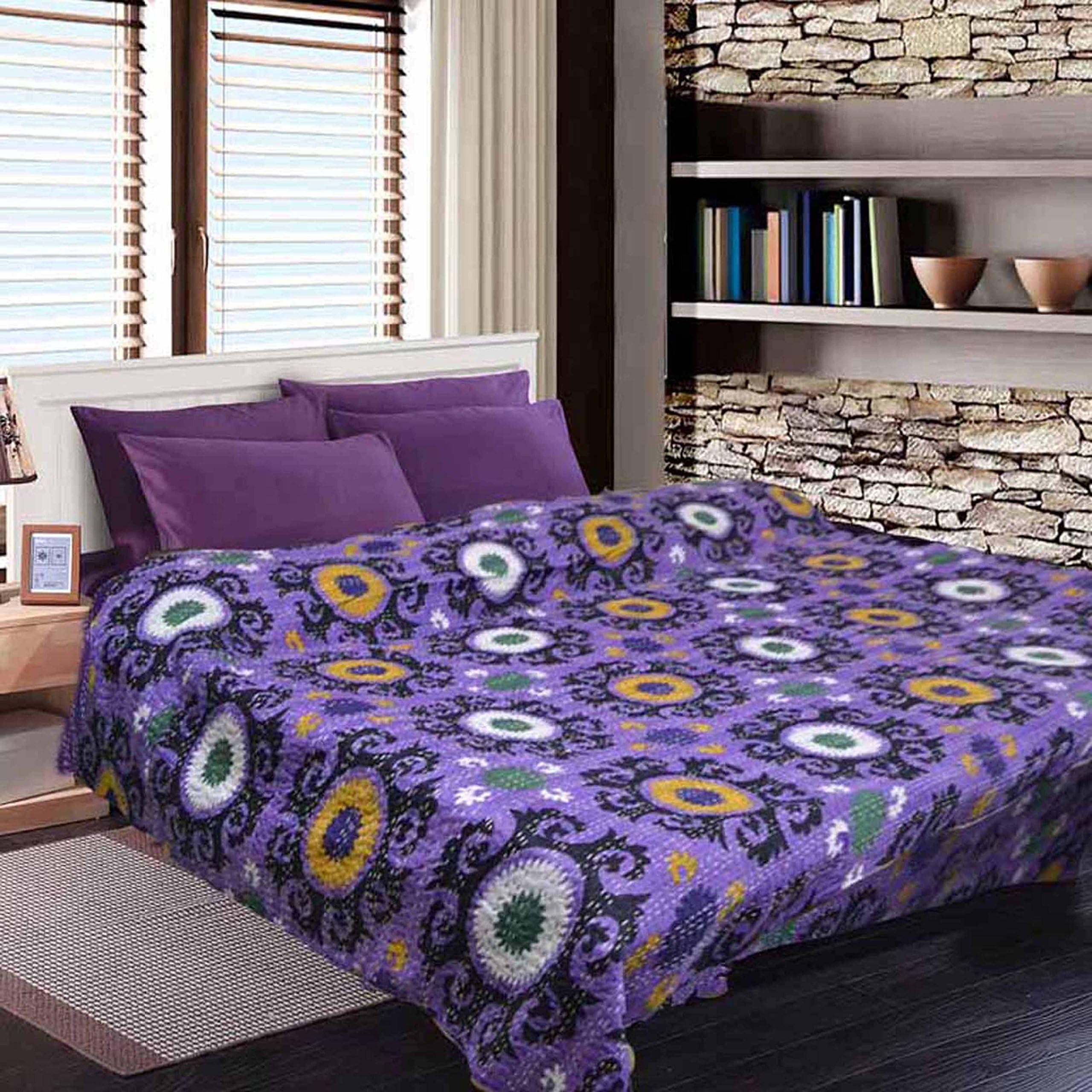 KraftDirect 3 Piece Queen Size Quilted Bedspread, Boho Bedspread, Kantha Bedspread, Decorative Bedspread, Purple Bedcover, Kantha Quilts, Kantha Quilt