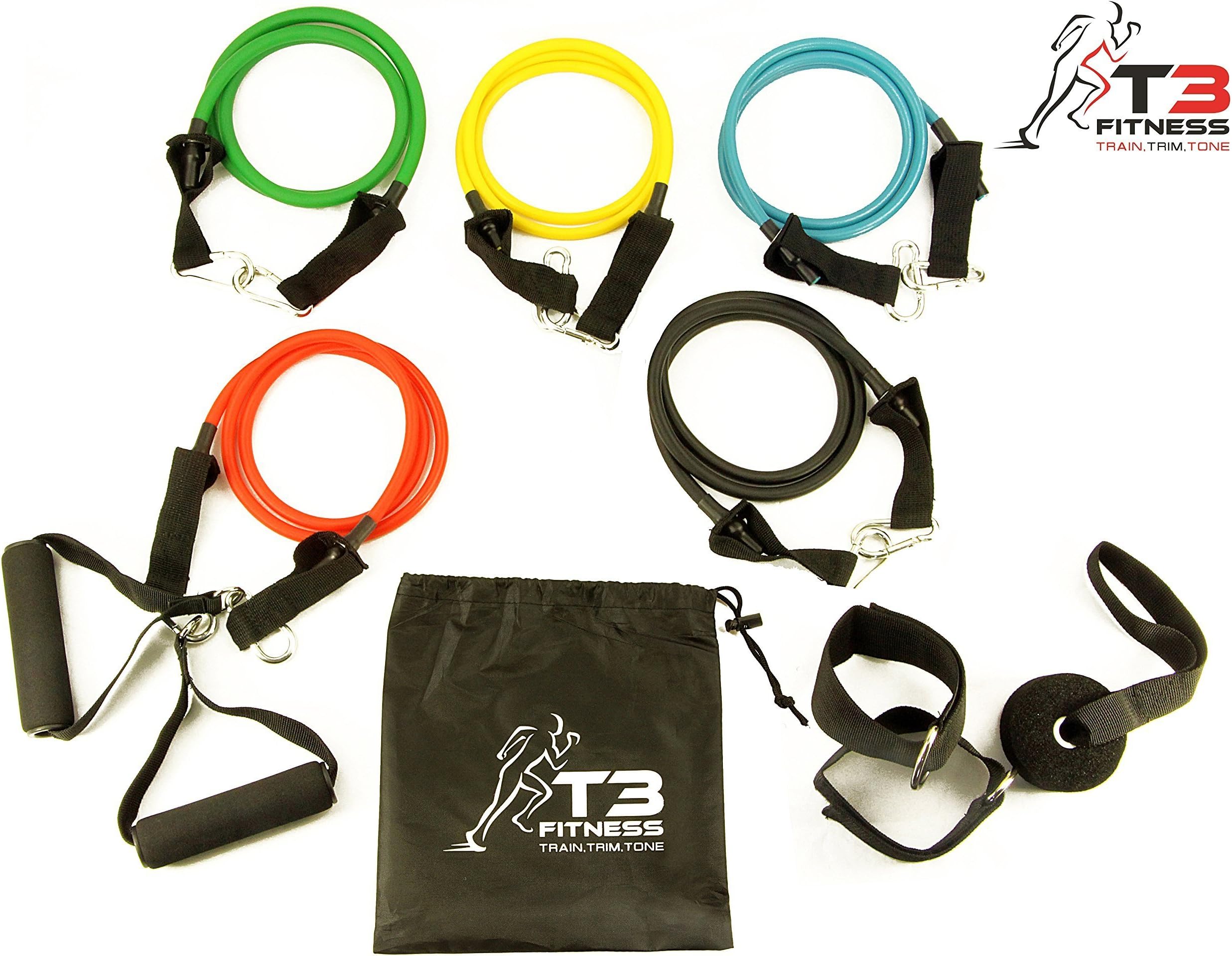 T3 Fitness Natural Latex 11pc Set of Durable Resistance Exercise Bands, 5 Resistance Bands, 2x Foam Handles, Heavy Duty Door Anchor, 2x Ankle Straps, Home Gym, Yoga, Pilates, Abs, P90x, Crossfit
