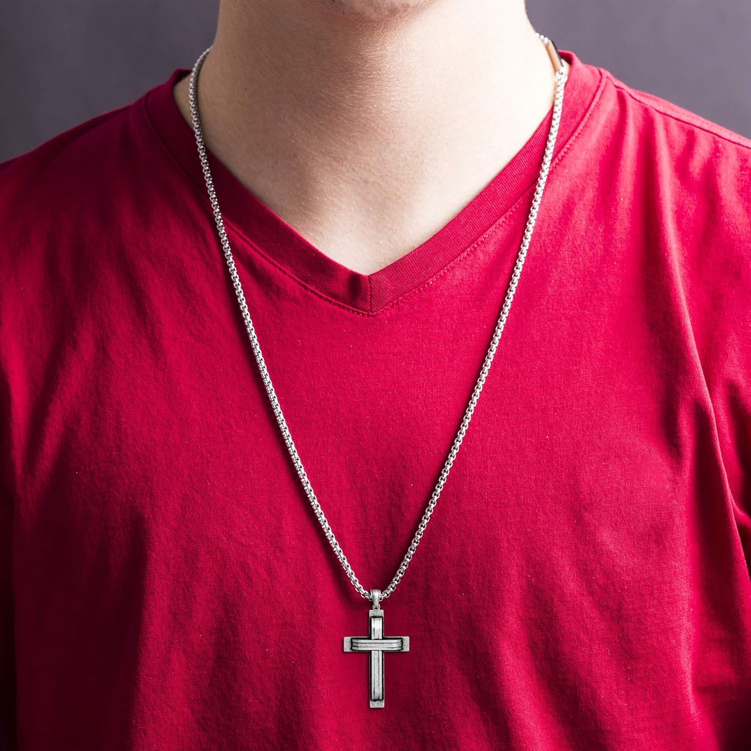 Steve Madden Oxidized Stainless Steel Cross Necklace for Men 24 Inch Curb Chain | 