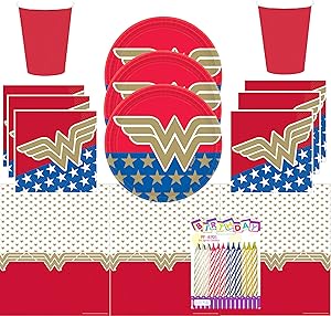 Wonder Woman Super Hero Girls Party Supplies Pack Serves 16: Plates Napkins Cups and Table Cover with Birthday Candles (Bundle for 16)