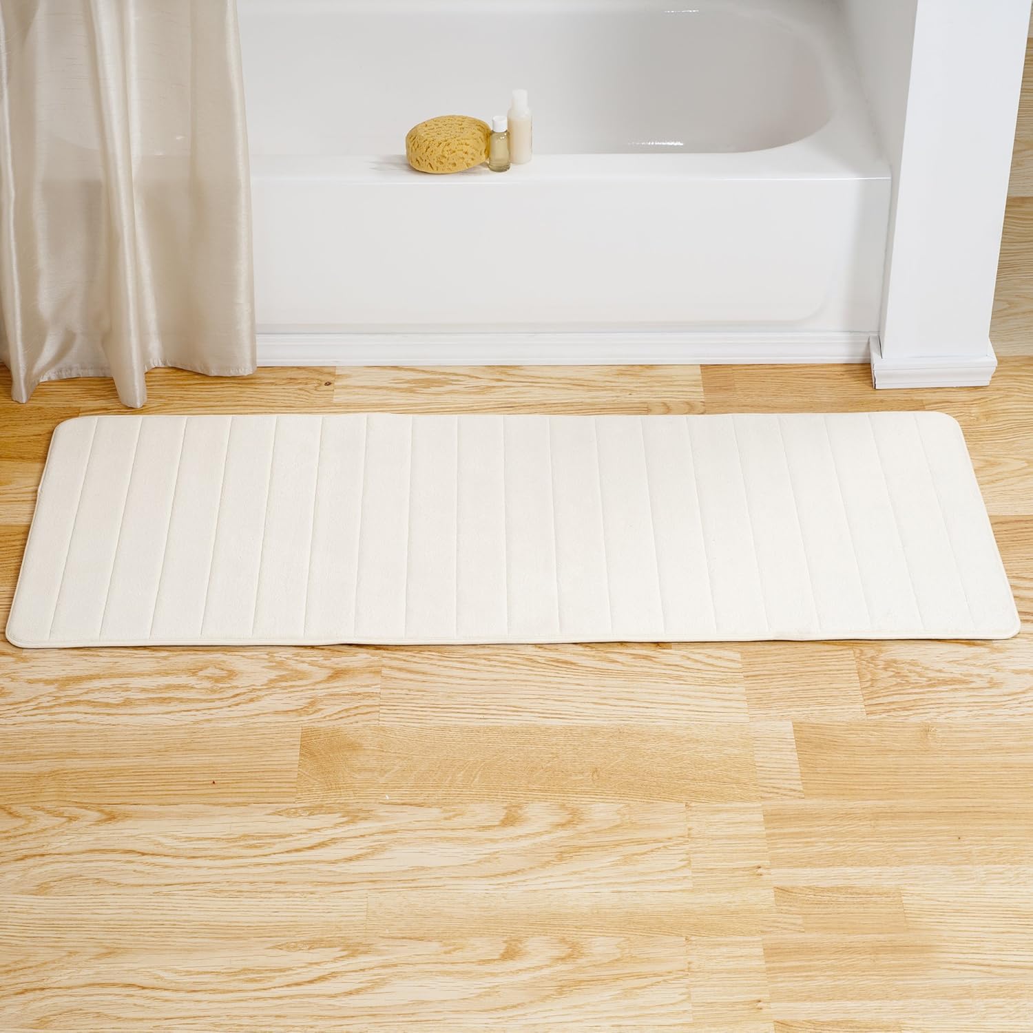 Bedford Home Memory Foam Striped Extra Long Bath Mat, 24 by 60", White