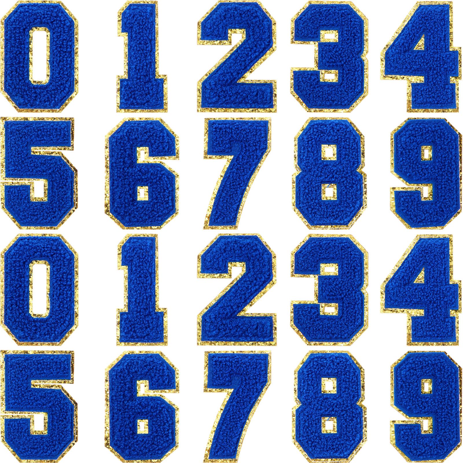 Photo 1 of Juinte 20 Pcs 3.15 in Chenille Iron on Numbers Embroidery Patches with Glitter Sequins Sew 0-9 Applique for Team Uniform Sports T-Shirt Football Jeans Bags Decors(Blue)