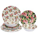 Amazon Basics 12-Piece Melamine Dinnerware Set - Service for 4, Red Rose Garden