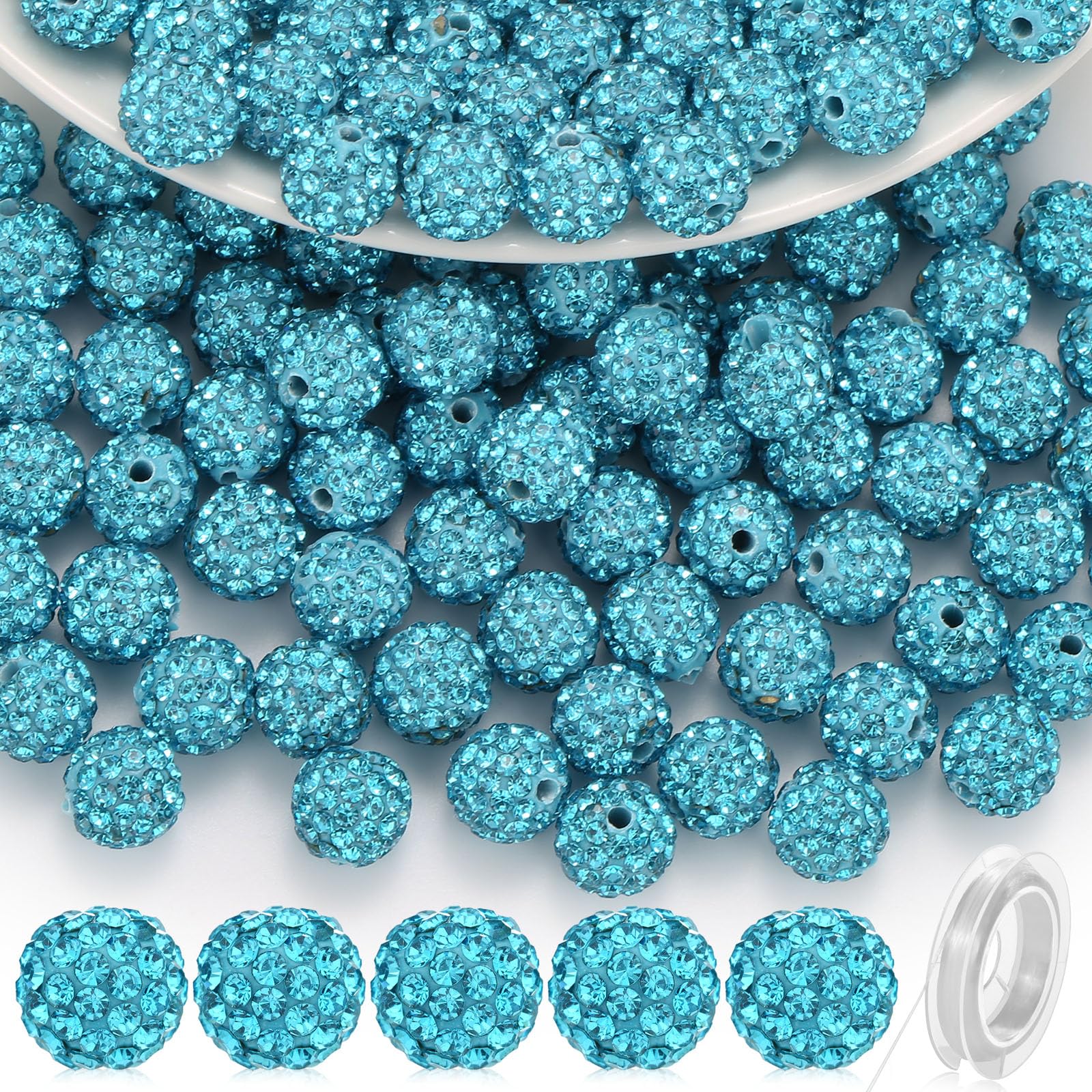Photo 1 of 120 Pcs Clay Rhinestone Beads 10mm for Jewelry Making, Bling Sparkle Rhinestone Beads with Elastic String for Bracelet Necklace Earring Jewelry Making (Turquoise)