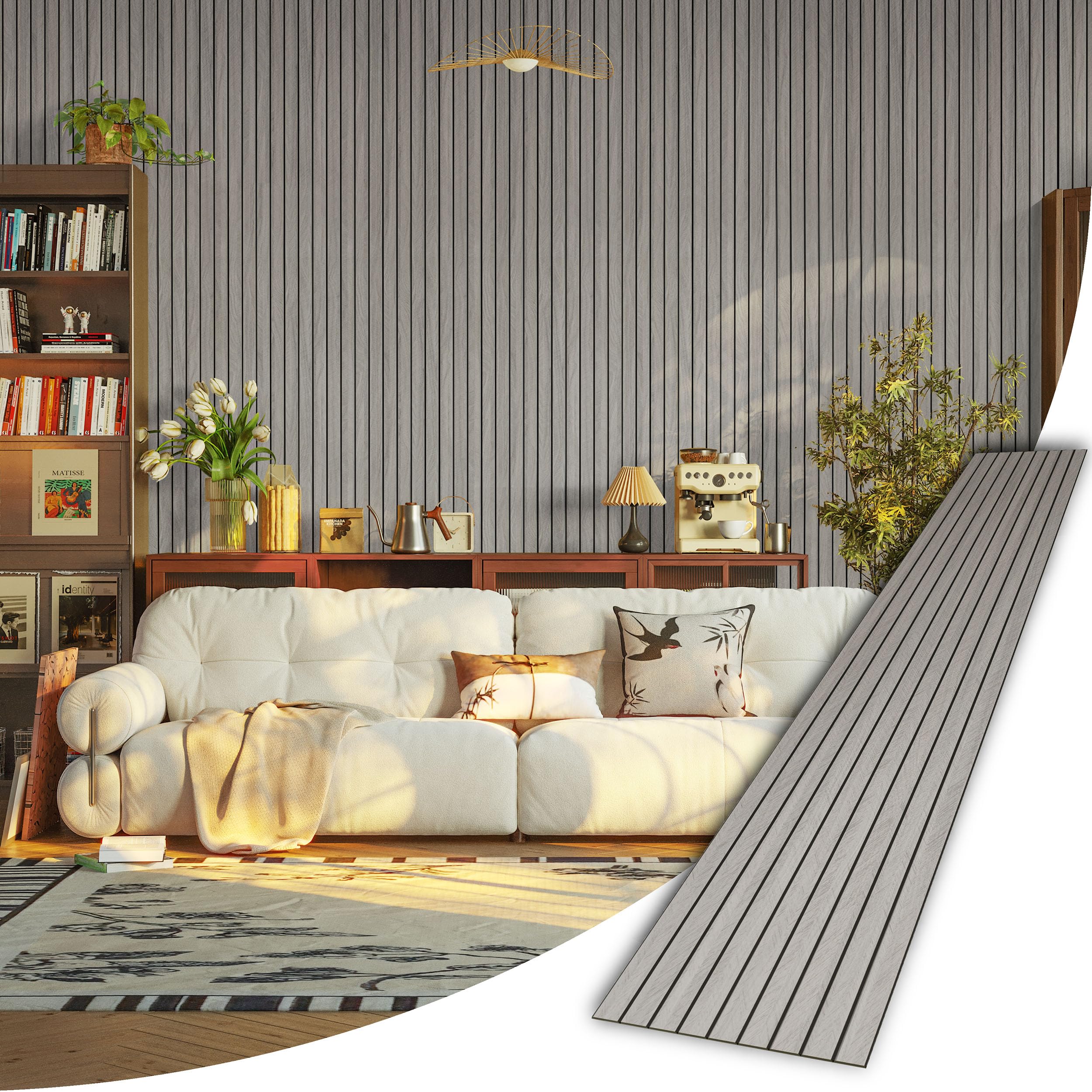 Photo 1 of 3D Wood Wall Panels Peel and Stick - 236" x 15.7" Gray Faux Wood Slat Wallpaper - Wooden Grain Look Self-Adhesive Waterproof Paneling - PVC Soundproof Walls Panel for Interior Wall Decor