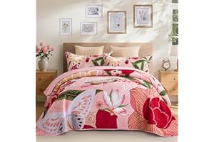Tyrot 3 Piece Pink Boho Floral Full/Queen Quilt Sets Farmhouse Botanical Reversible Lightweight Bedspread with 2 Shams Butter