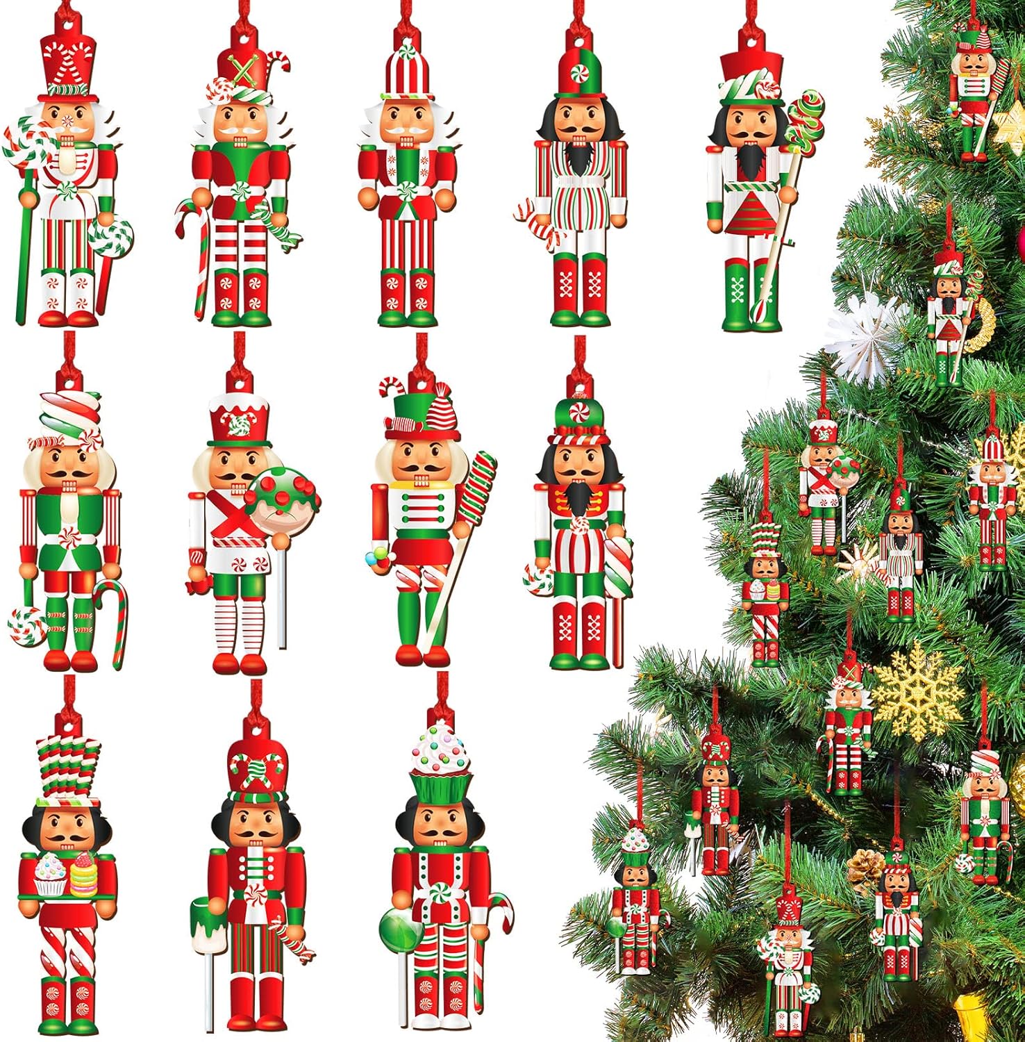 Nutcrackers - 36 Pcs Candy Nutcracker Ornaments Wood Hanging Christmas Tree Ornaments Elf Wine Gingerbread Miniature Nutcracker Figures Cute Holiday Ornament