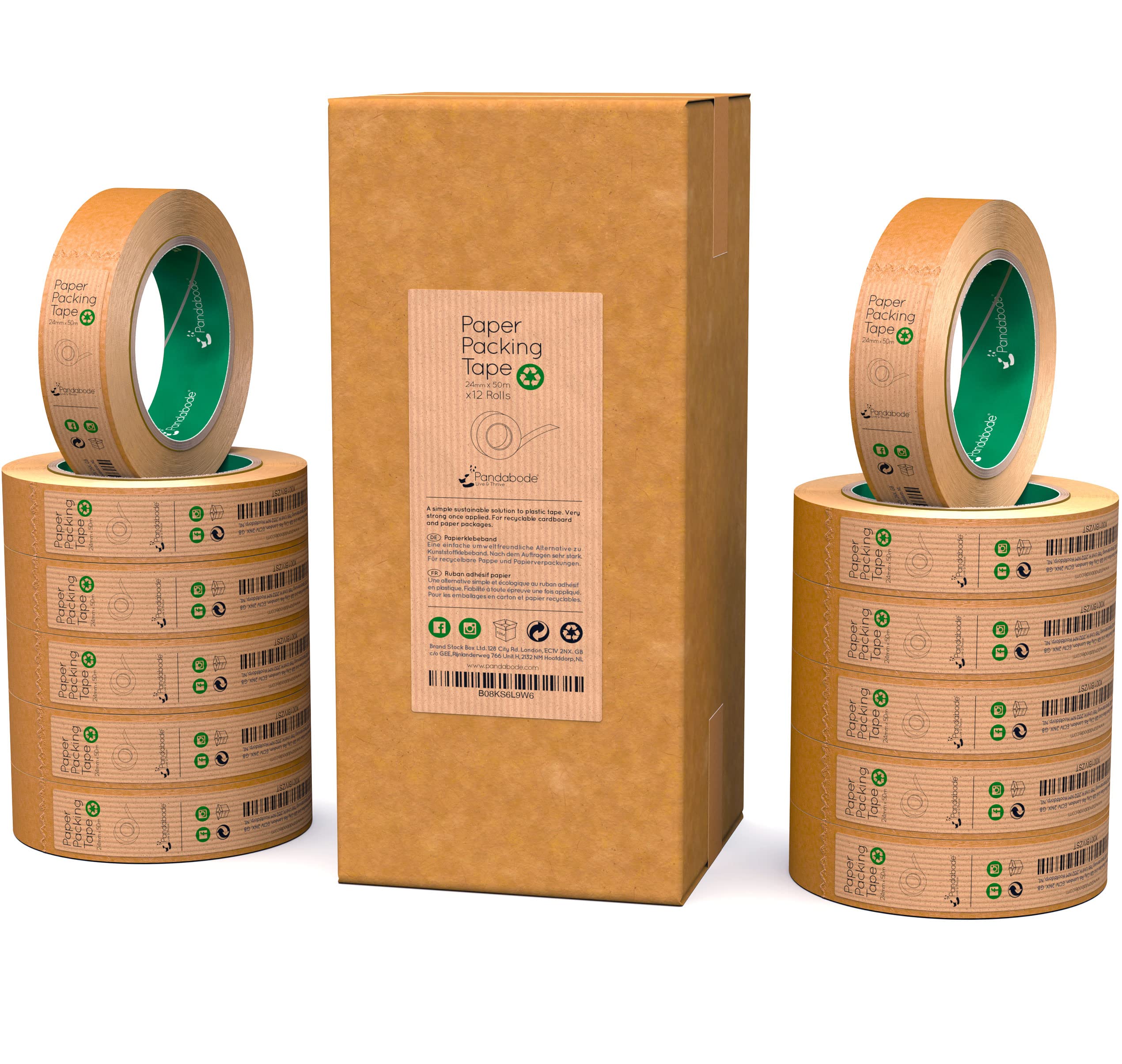 Pandabode Paper Packing Tape 24mm x 50m Strong, Sticky, Recyclable Brown Kraft Paper | 1/3/6/12 Eco Essentials for Parcel Packaging, Moving and Multi-use | 50 Metre Rolls (12) — image 1