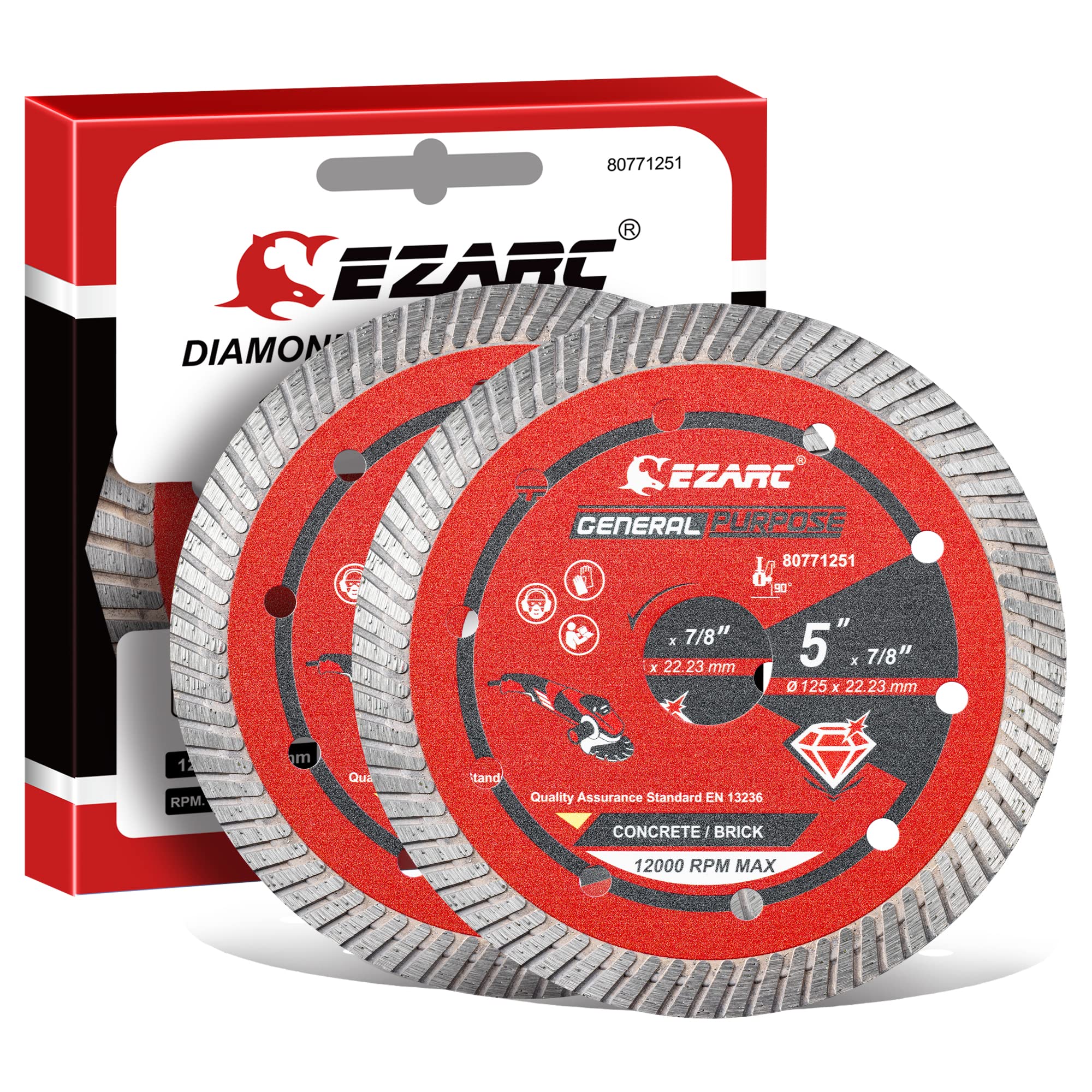 Diamond Cutting Discs - EZARC 125mm Turbo Diamond Blades for Angle Grinder, Fast Smooth Cutting on Granite, Marble, Concrete,Brick (2-Pack)