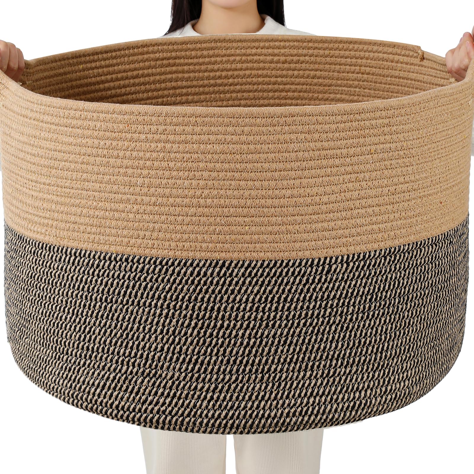 Foldable Laundry Hamper Basket with Collapsible Handle Cotton Rope Soft Woven Fabric Storage Organizer Clothes Toys Nursery Bedroom Dorm Space Saving Bin (Camel & Mix Camel, 115L(23.6"D x 15.7"H))