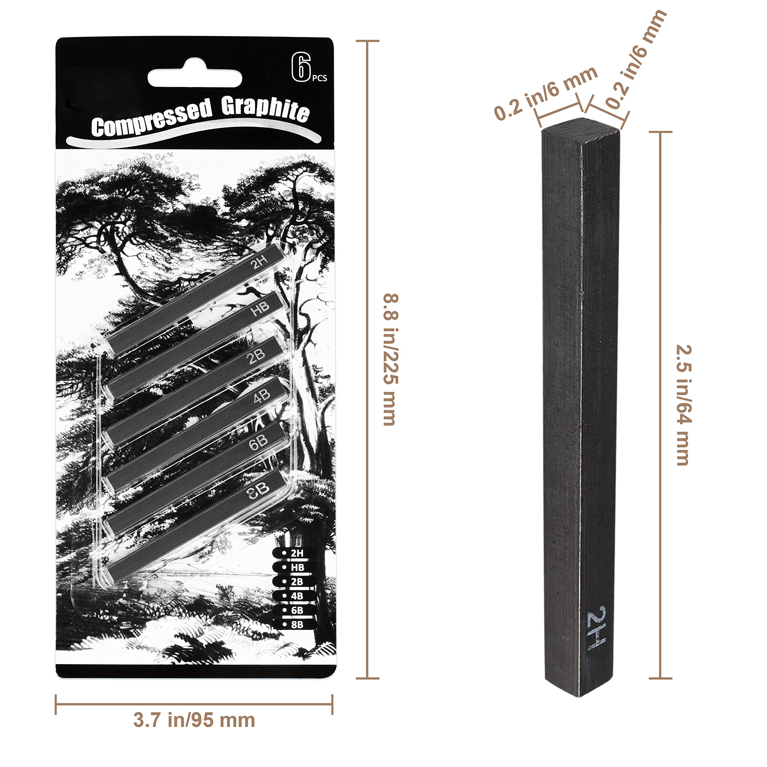 MyLifeUNIT Compressed Graphite, Square Drawing Pencils for Artists, Pack of 6 (2H, HB, 2B, 4B, 6B and 8B)