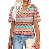 XIEERDUO Womens Summer Tops Dressy Casual Blouses for Women V Neck Short Sleeve Shirts Fashion Clothes Curved Hem Flowy