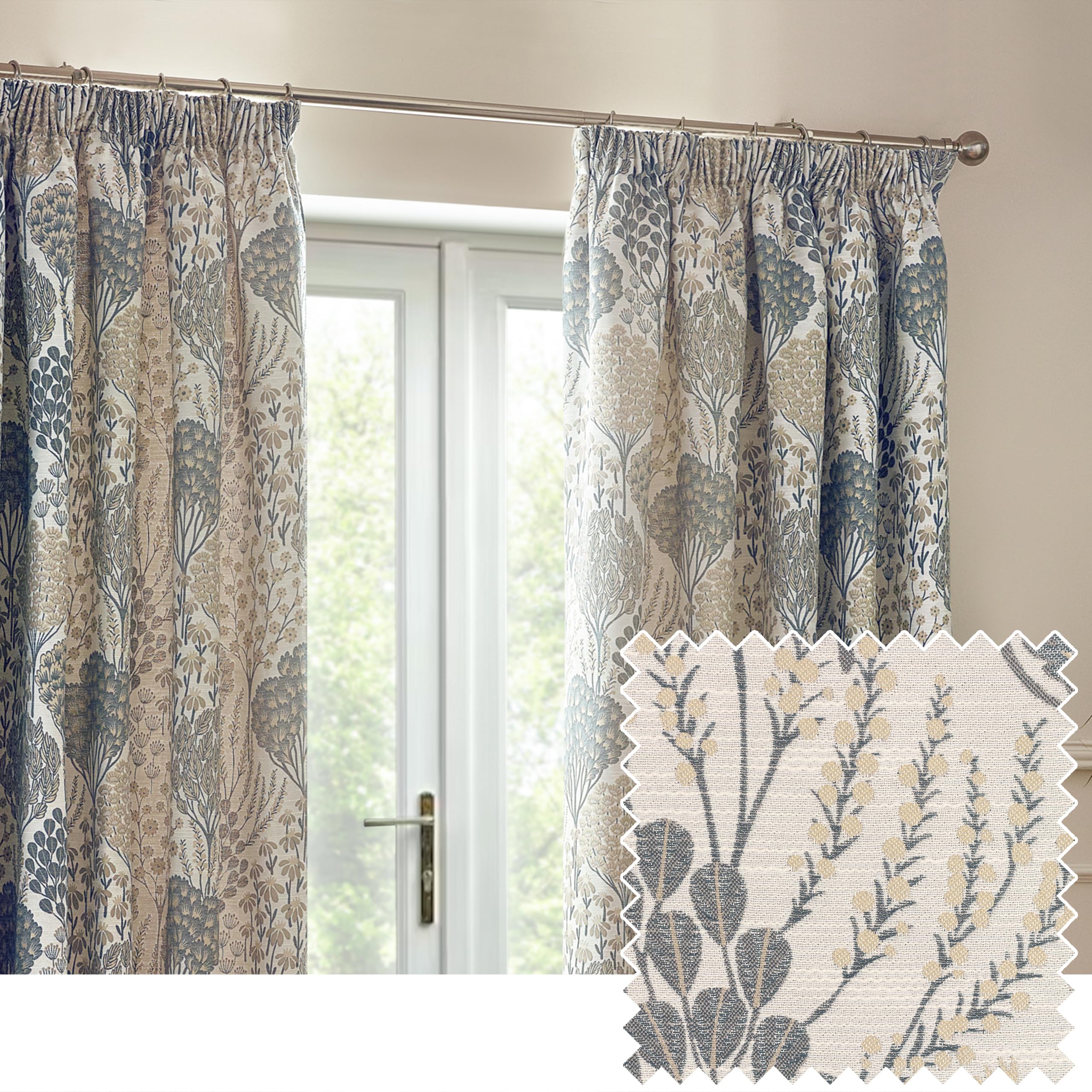furn. Wylder Nature Ophelia Floral Jacquard Pencil Pleat Curtains - 2 Panels - Width x Drop - 117 x 183cm (46 x 72) - Wedgewood