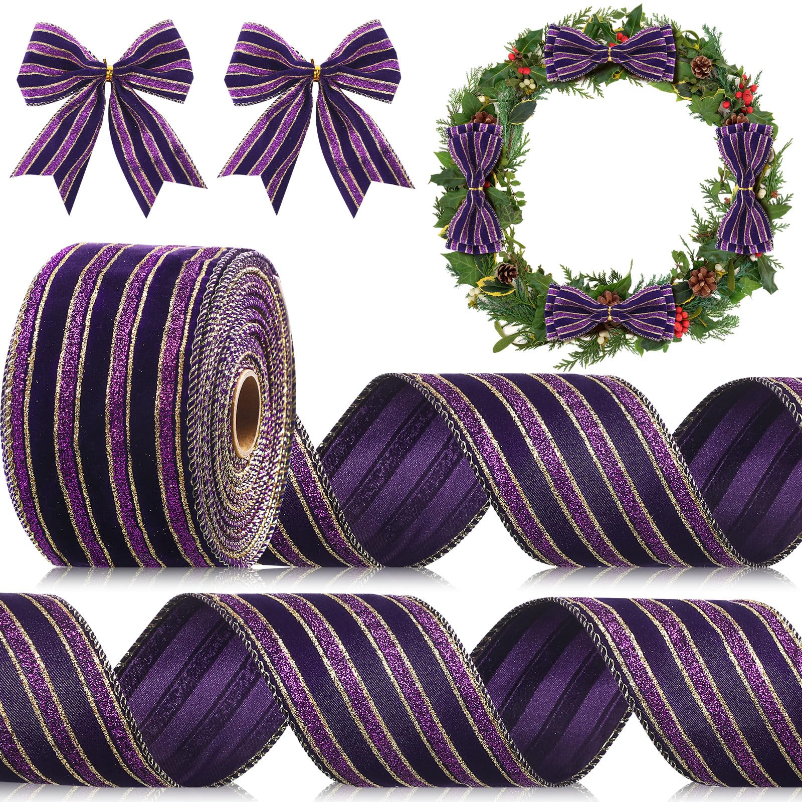 Photo 1 of Syhood Christmas Wired Velvet Ribbon with Gold Edge, Waterproof Wrapping Velvet Decoration Ribbon for Xmas Wreath Bows Floral Craft Ornaments(Purple,2.5 Inch by 15 Yard)