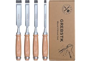 GREBSTK Professional Wood Chisel Set for Woodworking, Sturdy Chrome Vanadium Steel Chisel, 4pcs(1/4", 1/2", 3/4", 1"), Length: 9.5"