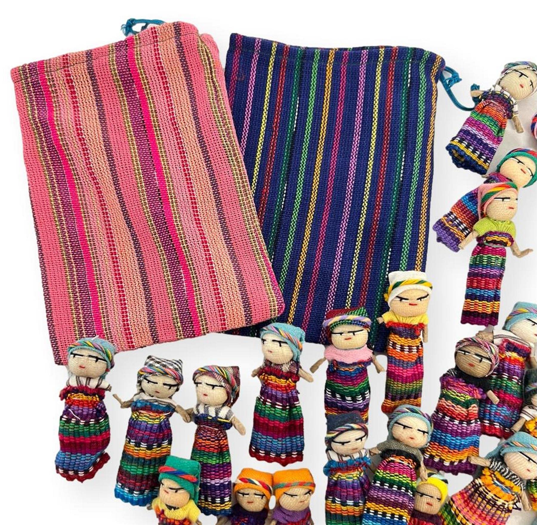 Set of 17 Guatemalan Handmade Worry Dolls with 2 Colourful Crafted Storage Bags | Worry Dolls for Girls | Worry Dolls for Boys | Anxiety Dolls | Worry Doll | Guatamalan Doll