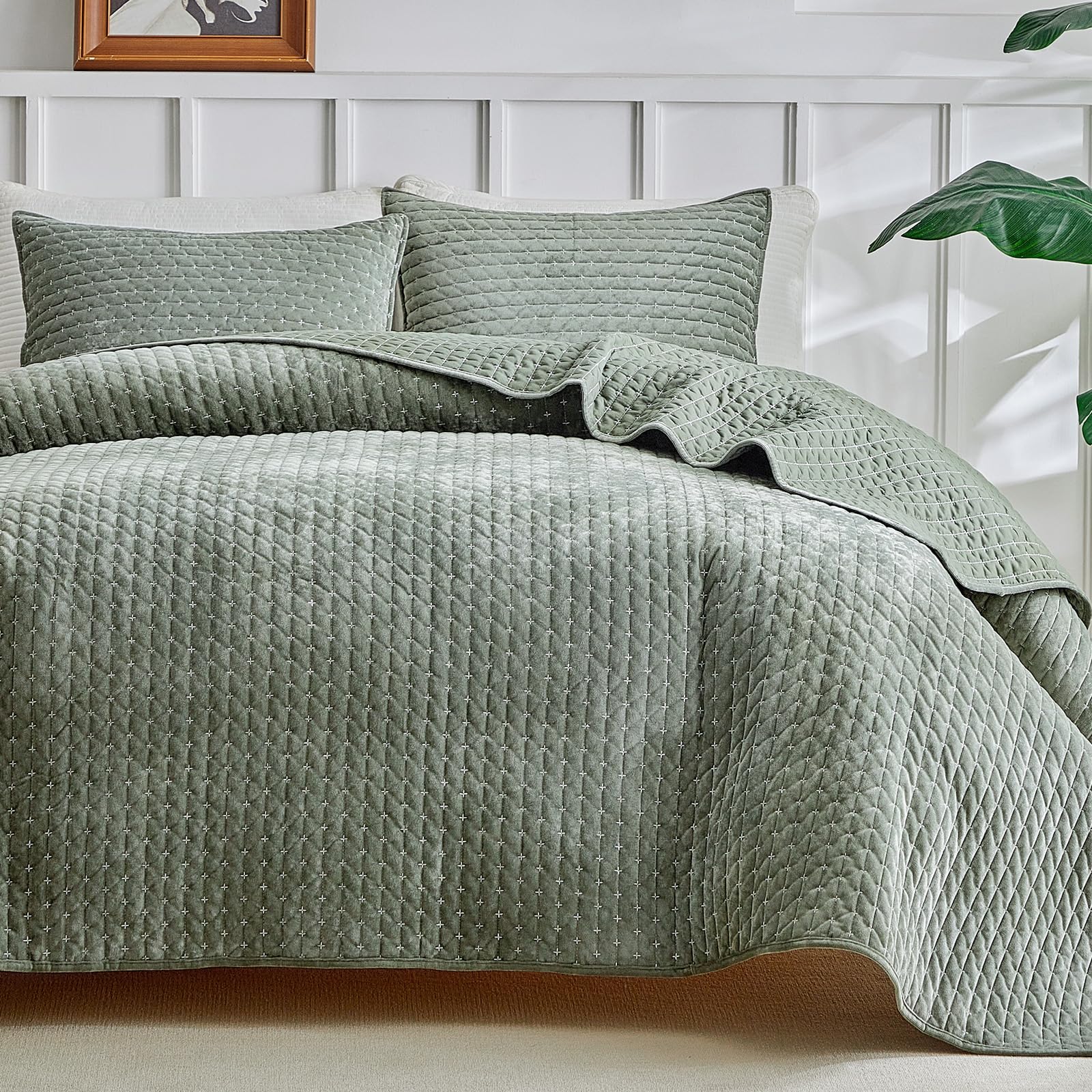 Photo 1 of WARMDERN Luxury Velvet Quilt Set Queen Size, Cross Stitch Quilts Striped Bedding Set, Soft Lightweight Bedspread and Coverlet with 2 Pillow Shams for All Season,Green, 90" x 96"