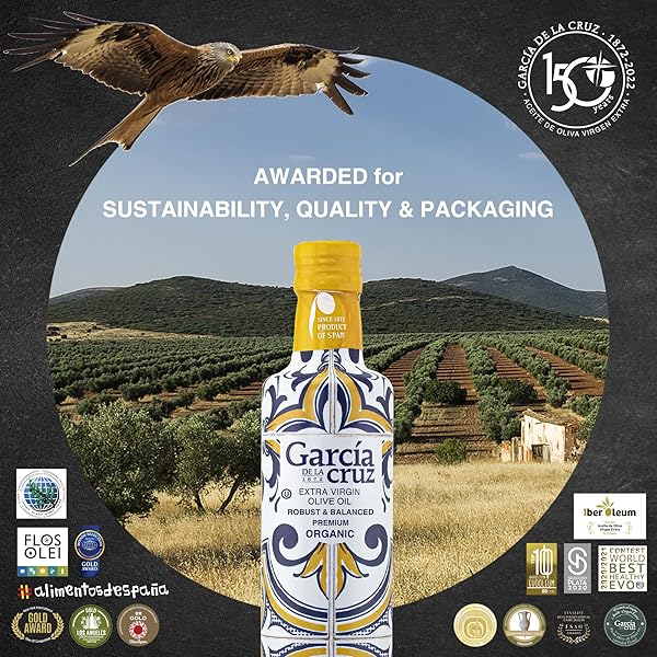 GARCÍA DE LA CRUZ – ORGANIC EXTRA VIRGIN OLIVE OIL, MASTER MILLER PREMIUM OIL, ALMOND AND TOMATO TONES, SMOOTH BODY, SOURCED IN SPAIN, MONTES DE TOLEDO, GLASS BOTTLE – 500 ML
