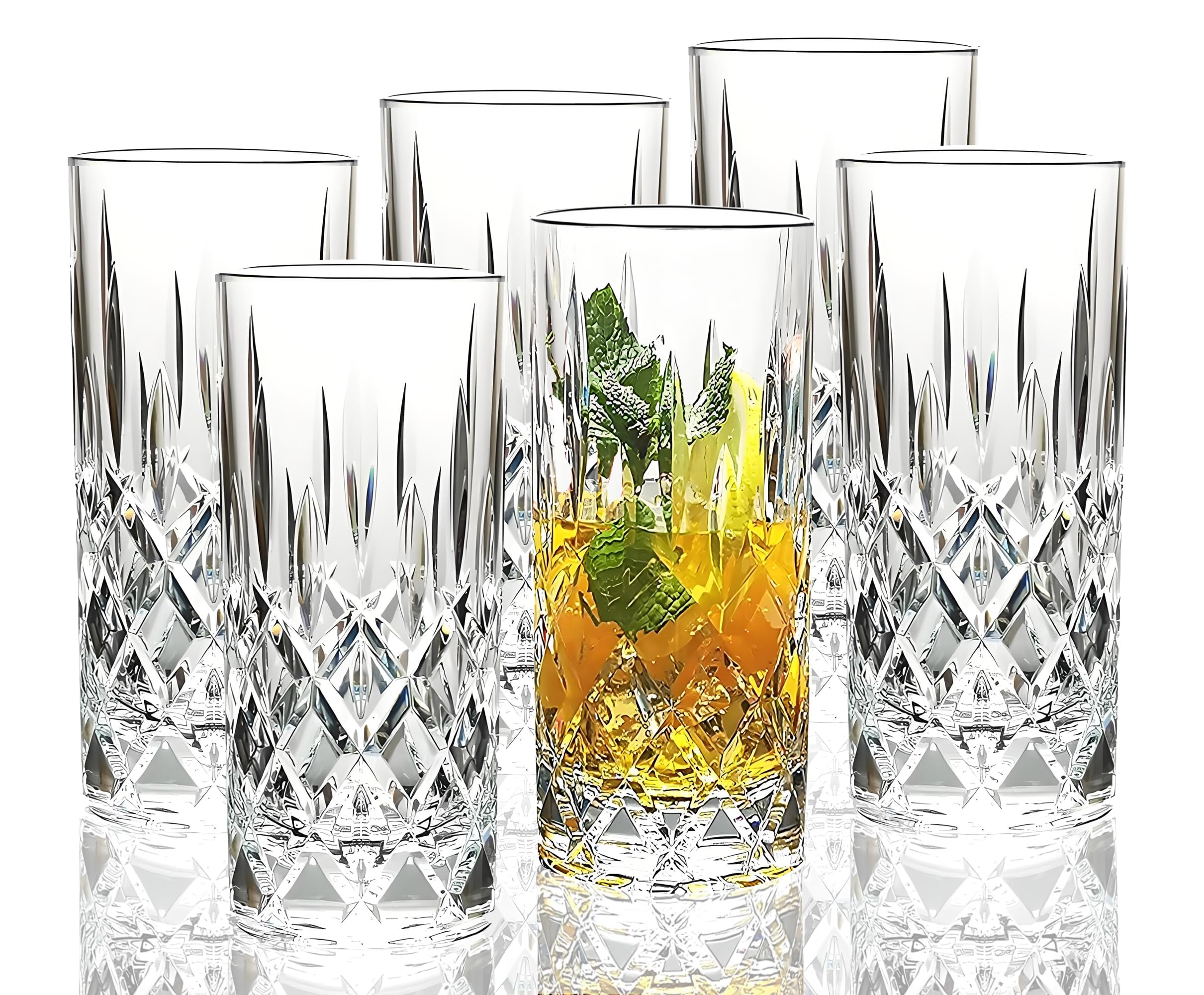 VEILEDGEM [Look Like Glass] 13.5 Oz Set of 6 Plastic Drinking Glasses Dishwasher Safe BPA Free Unbreakable Juice Glasses Acrylic Crystal Tumblers Reusable Highball Water Glasses
