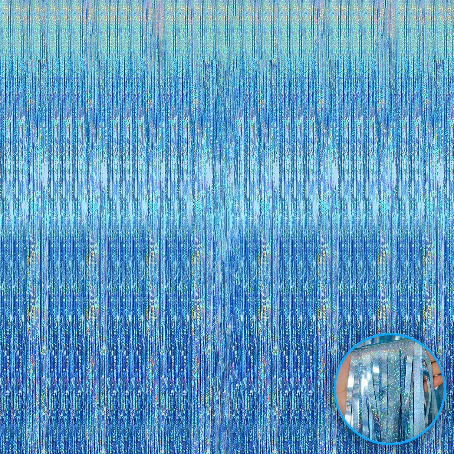 XtraLarge Iridescent Blue Fringe Curtain Set - 3.2x10 Feet | Pack of 1 | Metallic Light Blue Foil Fringe Streamers for Blue Party Decorations | Blue Tinsel Backdrop for Birthday Baby Shower,Sea Party