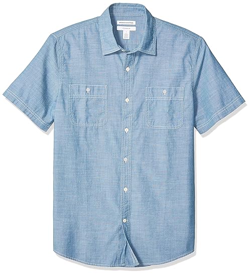Amazon Essentials Men's Regular-Fit Short-Sleeve Poplin Shirt, Medium Blue, Small