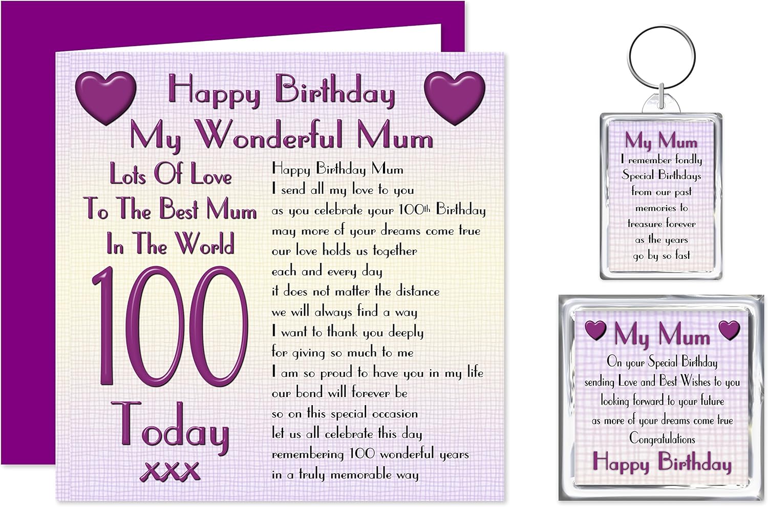 Mum 100th Happy Birthday Gift Set Card, Keyring & Fridge