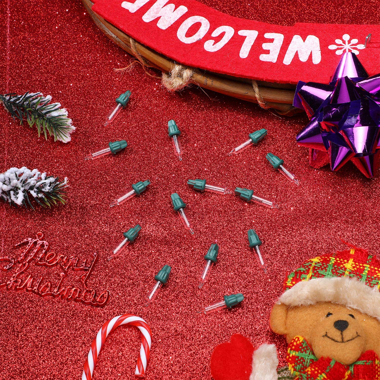 Mudder 50 Pcs Replacement Mini Light Bulbs Christmas Tree 2.5 V Incandescent Glass String Light Bulbs with Base Indoor Outdoor Xmas Decoration, 0.17 Ampere, 0.425 Watt (Clear,Green)