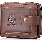 LUKZIJAES Genuine Leather Men's Wallets RFID Blocking Large Capacity Credit Card Vintage Wallet for Men with Coin Pocket Zipper ID Window (#9-Coffee)