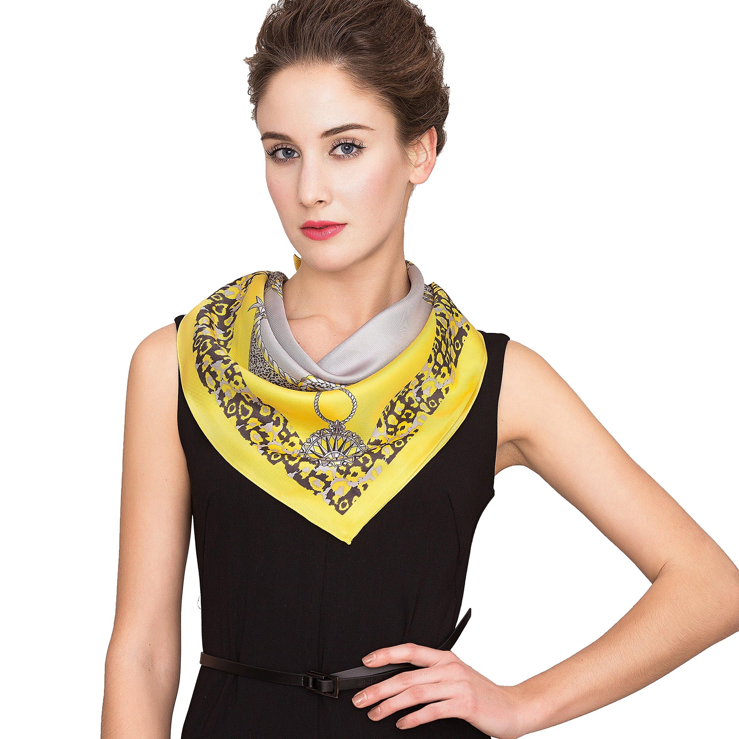 IRRANI Silk Scarves For Women Neckerchief Mulberry Small Square Twill Weave Scarf Headscarf For Hair 25.6*25.6inches(Yellow)