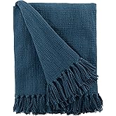 Sticky Toffee Woven Cotton Throw Blanket 60x50 in – Blue Navy Textured Blanket with Fringe for Couch or Bed, Thick and Durable Boho Decorative Throw