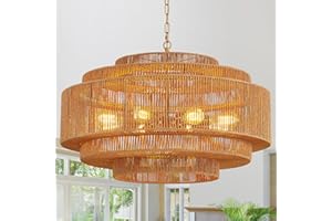 Tunkayli Boho Large Chandelier Woven Rattan Hanging Light 31in Golden Light Fixtures 8-Light Coastal Rattan Chandelier for Dining Room Bedroom Kitchen Island Entryway