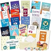 Only Zest 20 Pack Assorted Happy Birthday Cards Bulk Boxed Set - Thick 5x7 Inch Card Assortment with Envelopes & Stickers, Unique Message Inside for Women, Kids, Friends, Office, Work, Family