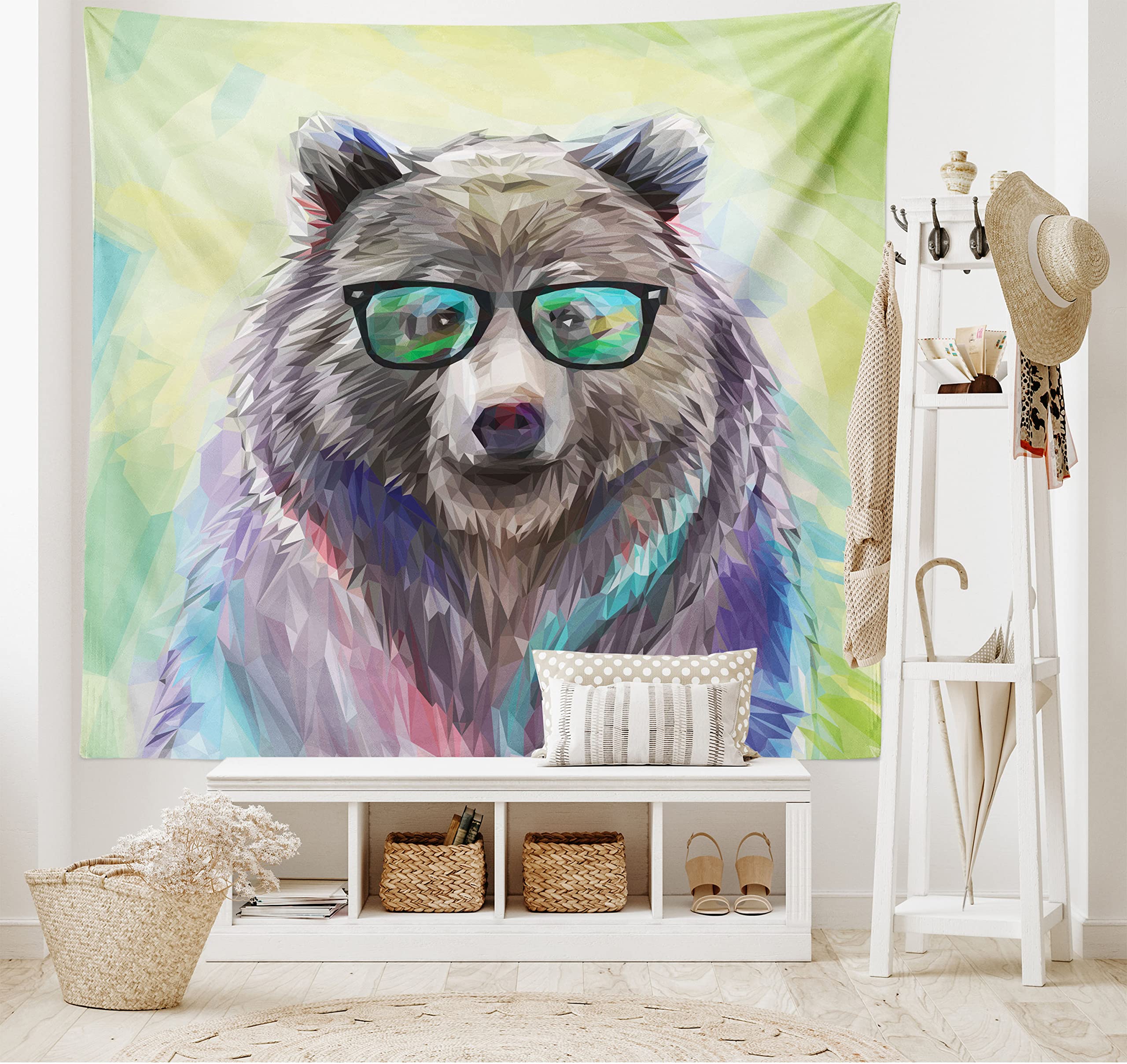 ABAKUHAUS Animal Tapestry, Funny Cool Low Wild Hipster Bear with Spectacles Colorful Portrait, Fabric Wall Hanging Decor for Bedroom Living Room Dorm, 90 W X 54 L, Lime Green Blue Gray Purple