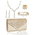 Henoyso 5 Pcs Purse Rhinestone Jewelry Set Prom Jewelry Rhinestone Clutch Purse Necklace Earrings Bracelets for Women Bride