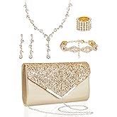 Henoyso 5 Pcs Purse Rhinestone Jewelry Set Prom Jewelry Rhinestone Clutch Purse Necklace Earrings Bracelets for Women Bride