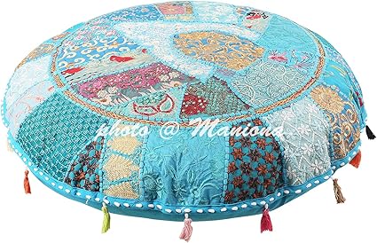 Amazon Co Jp エスニックコットン インディアンフロアクッションカバー ヴィンテージ刺繍 パッチワーク ターコイズ 32インチ ハッソック 大きな床枕 座る枕カバー ホーム キッチン