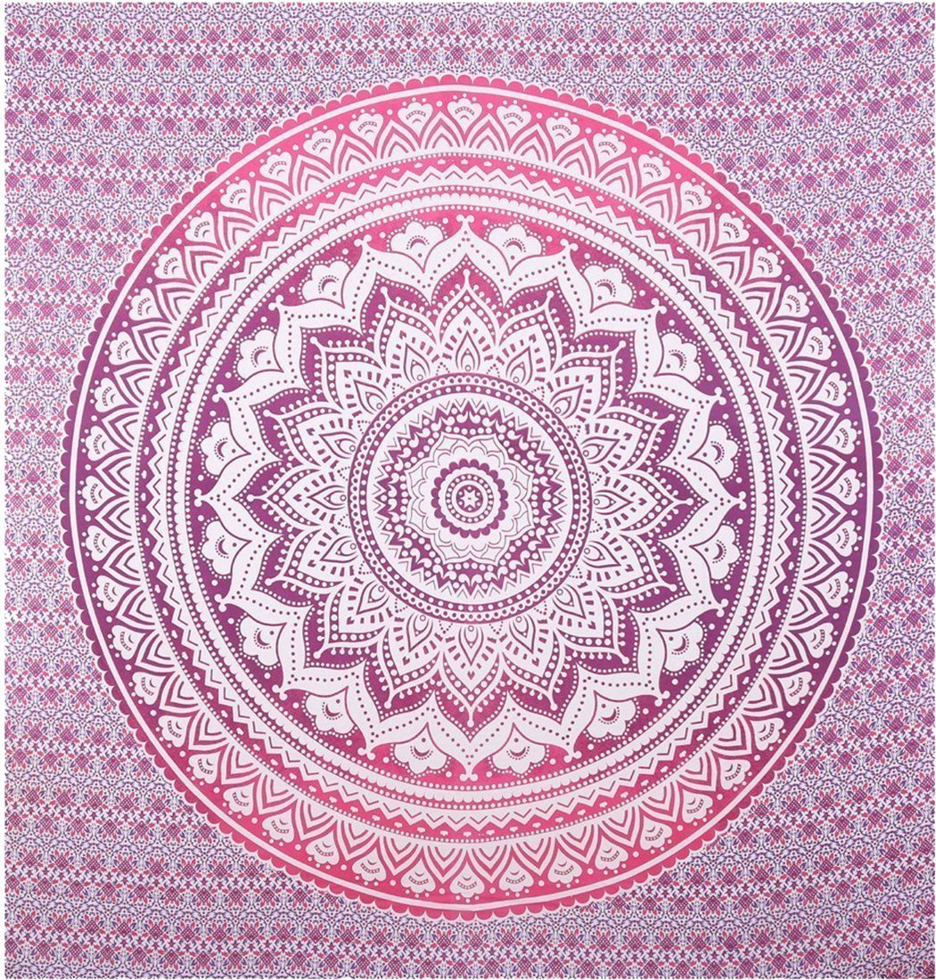 Bless International Indian Traditional Mandala Hippie Wall Hanging, Cotton Tapestry Ombre Bohemian Bedspread (Twin (54x72 Inches)(140x185 Cm), Pink/White)